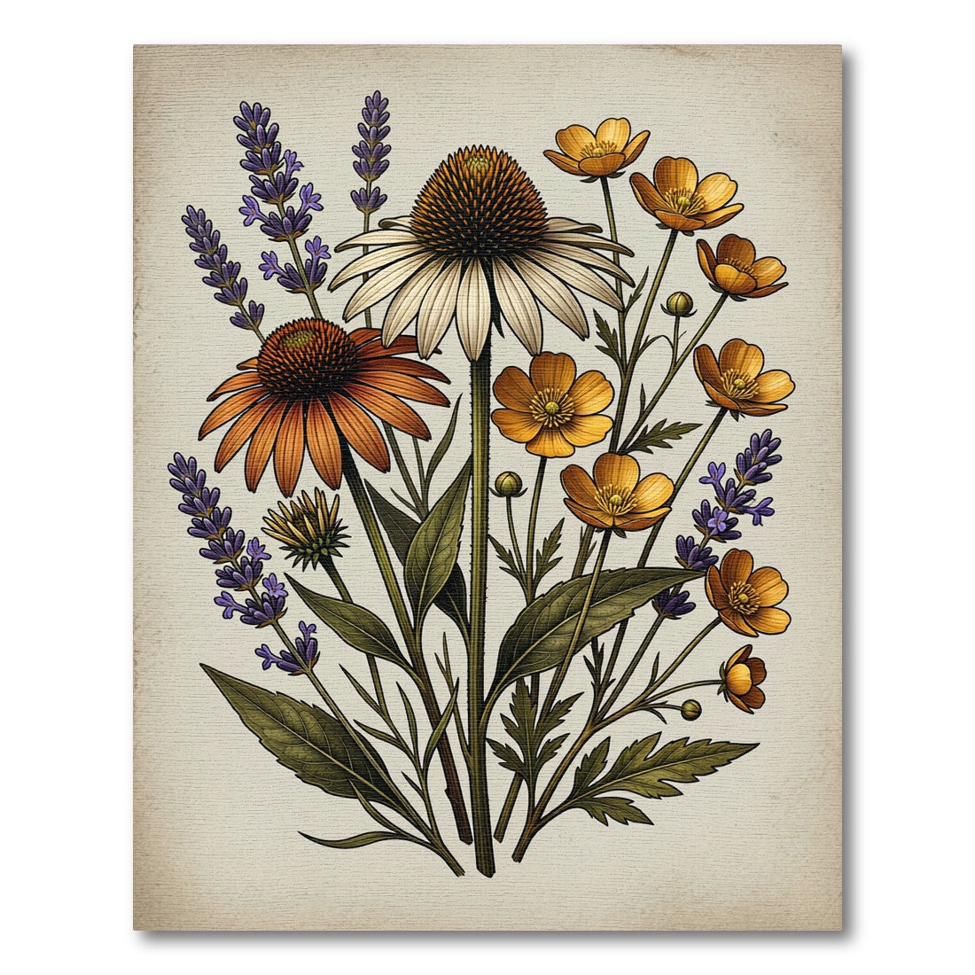 Botanical Coneflower Lavender Meadow Illustration Rug