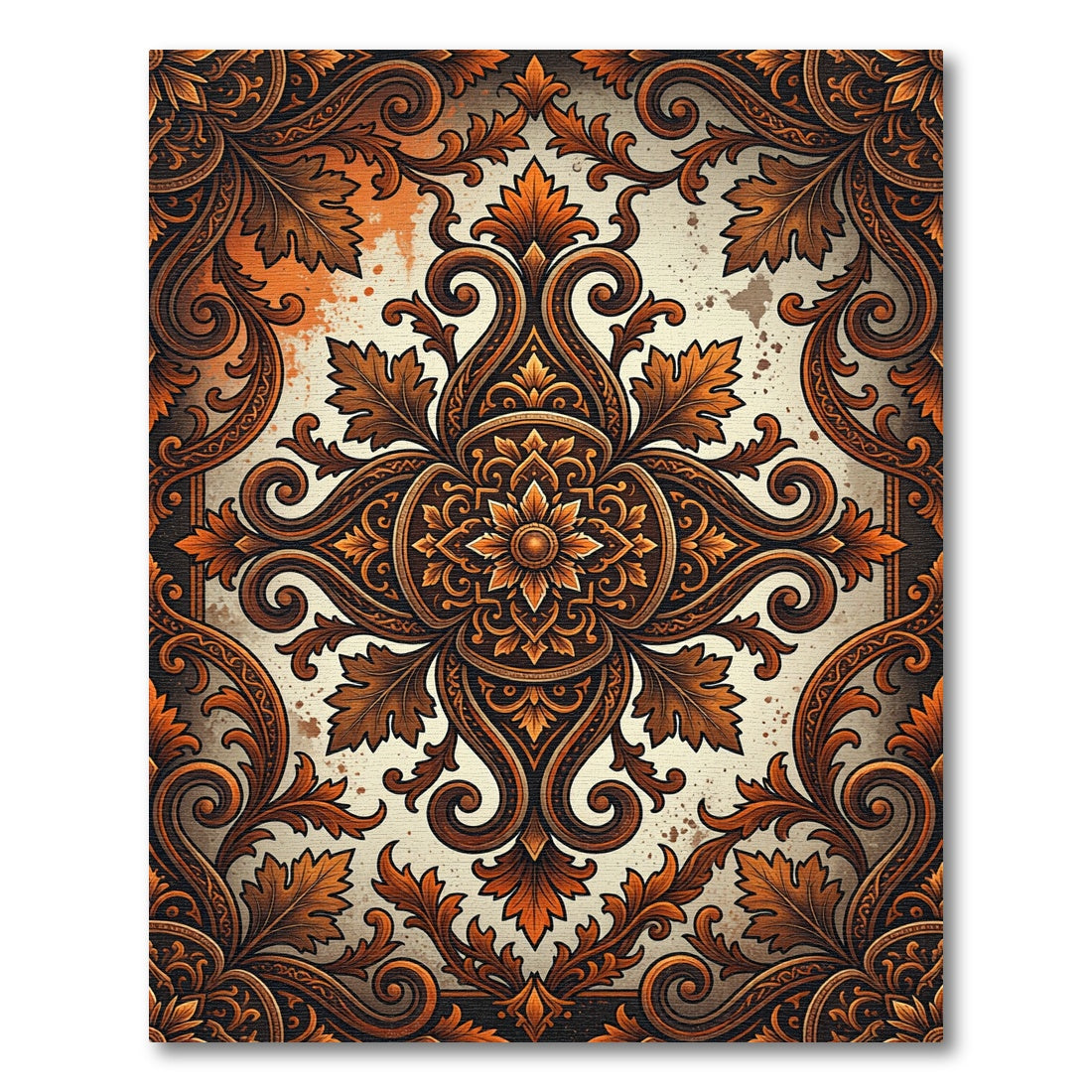 Ornate Copper Foliage Scroll Medallion Rug