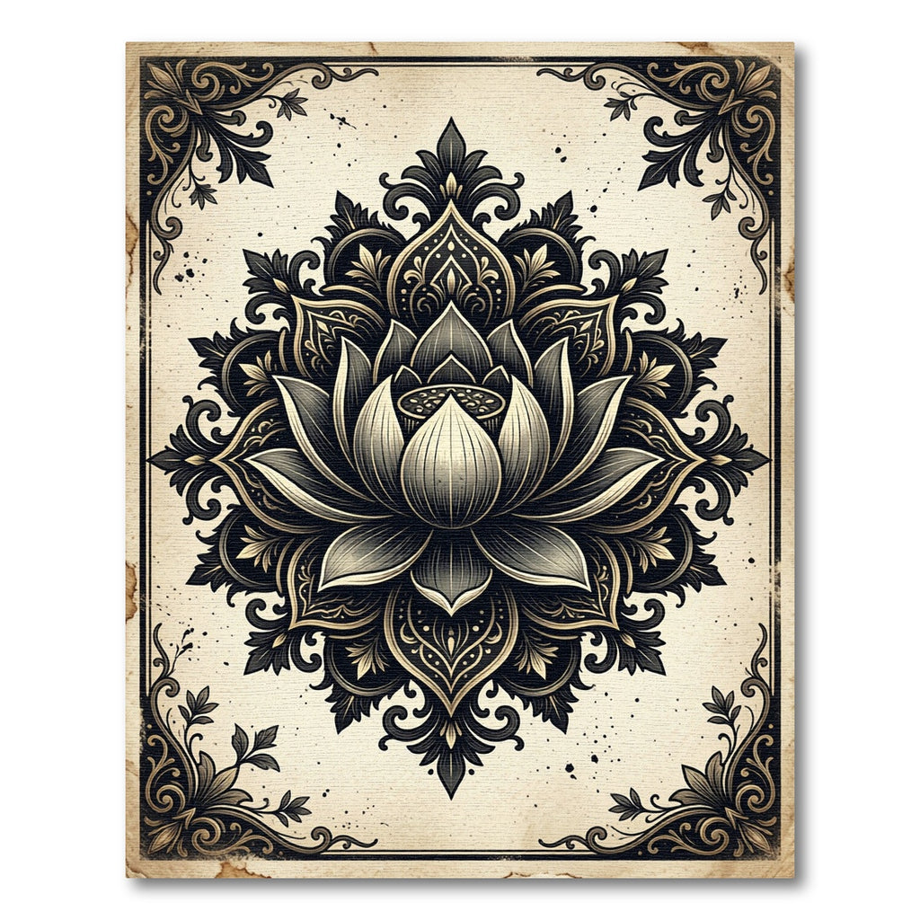 Intricate Black Lotus Damask Medallion Rug