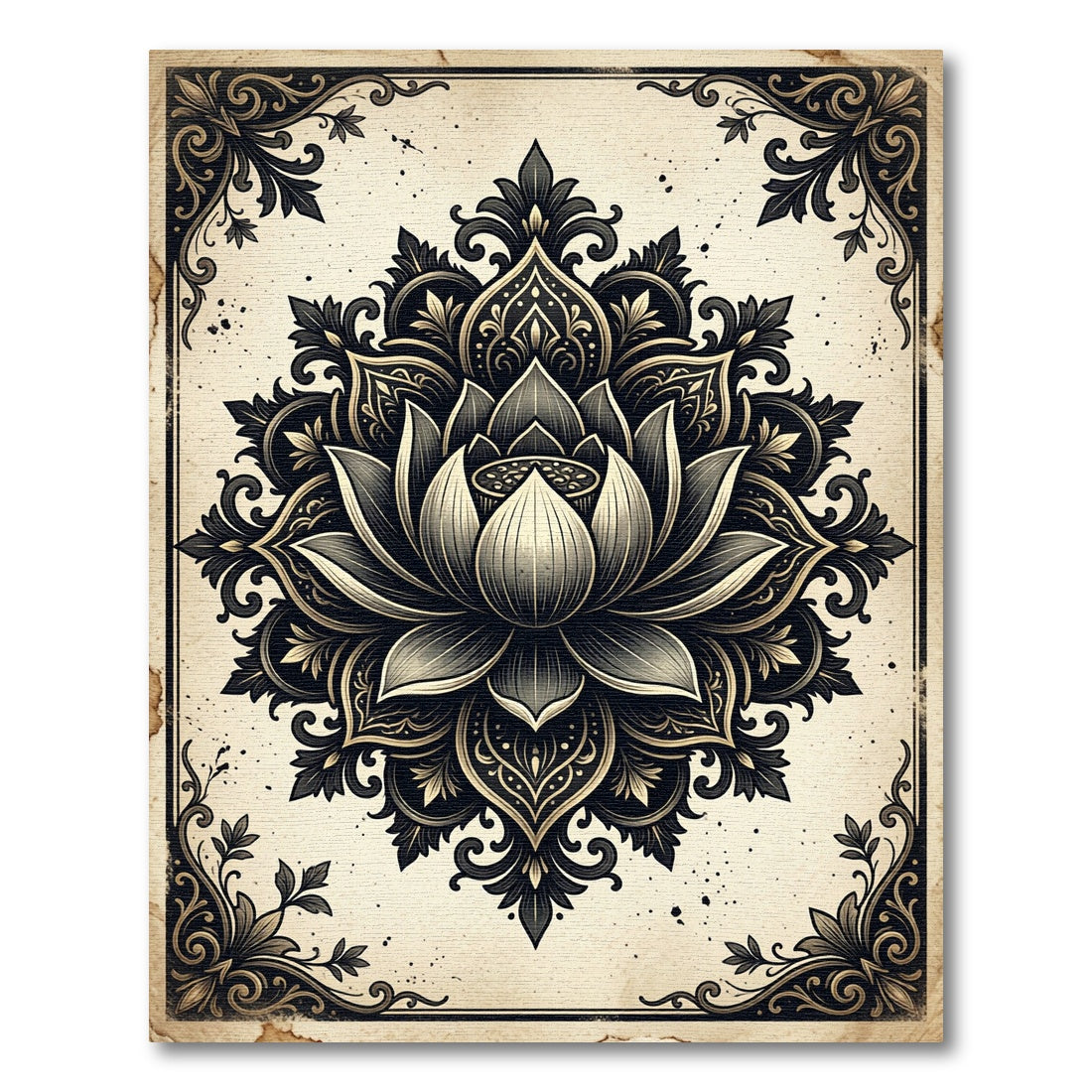Intricate Black Lotus Damask Medallion Rug