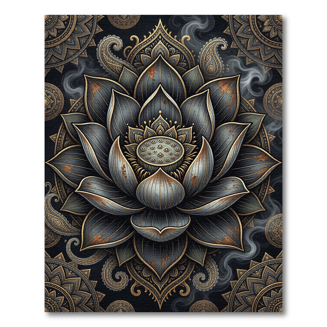 Metallic Charcoal Gold Lotus Mandala Rug