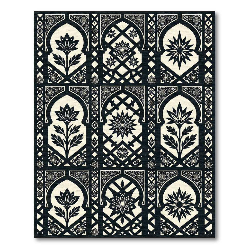 Black and Cream Floral Arch Tile Rug