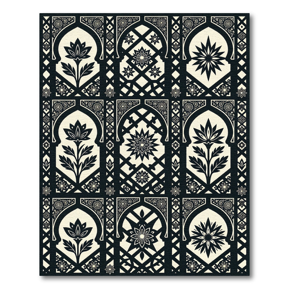 Black and Cream Floral Arch Tile Rug