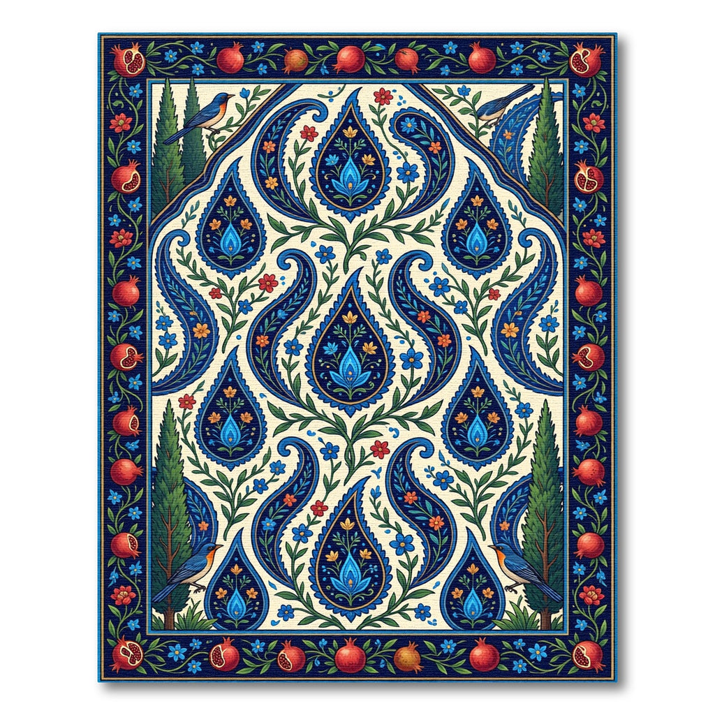 Crimson Pomegranate Blue Paisley Garden Rug
