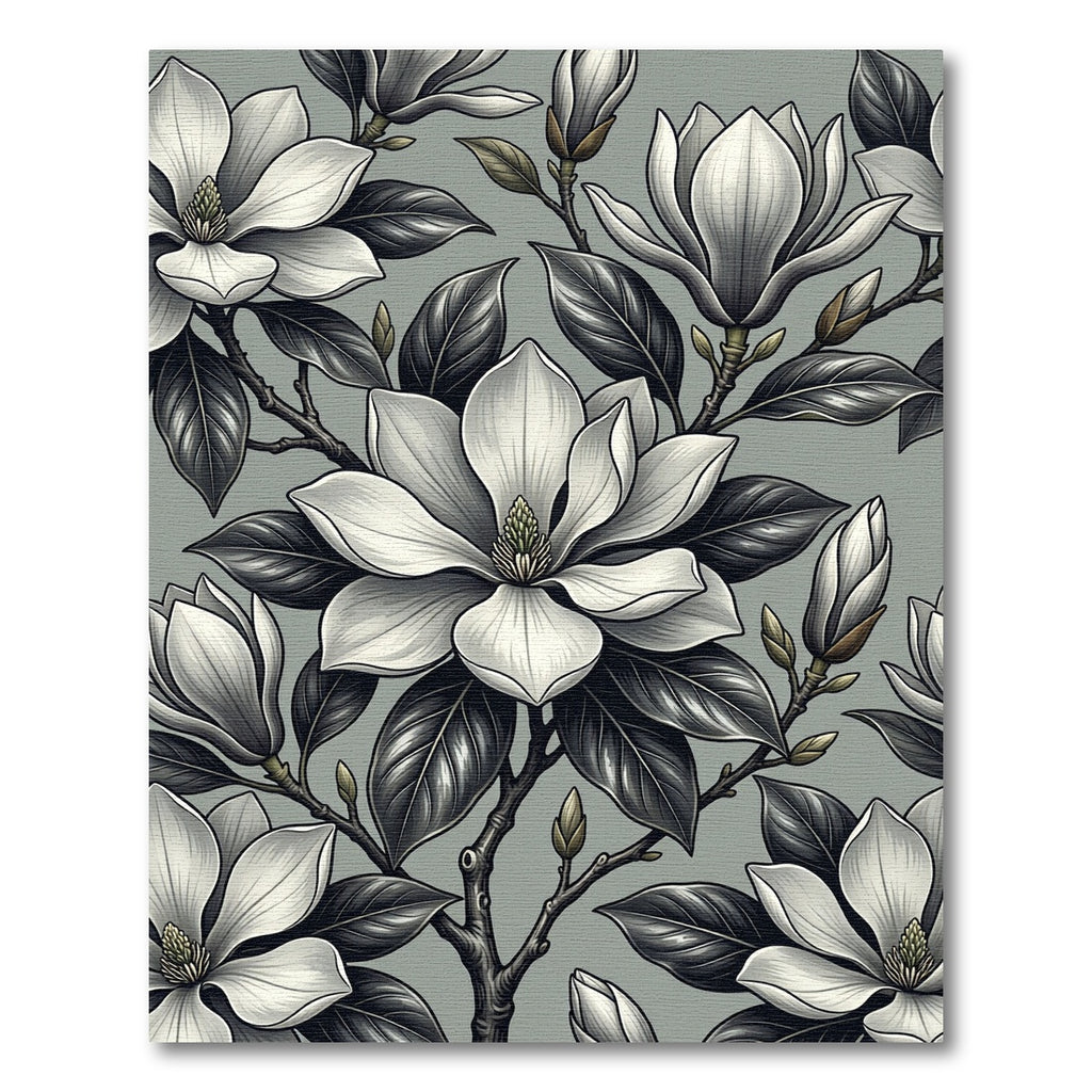 Elegant Monochrome Magnolia Botanical Arrangement Rug