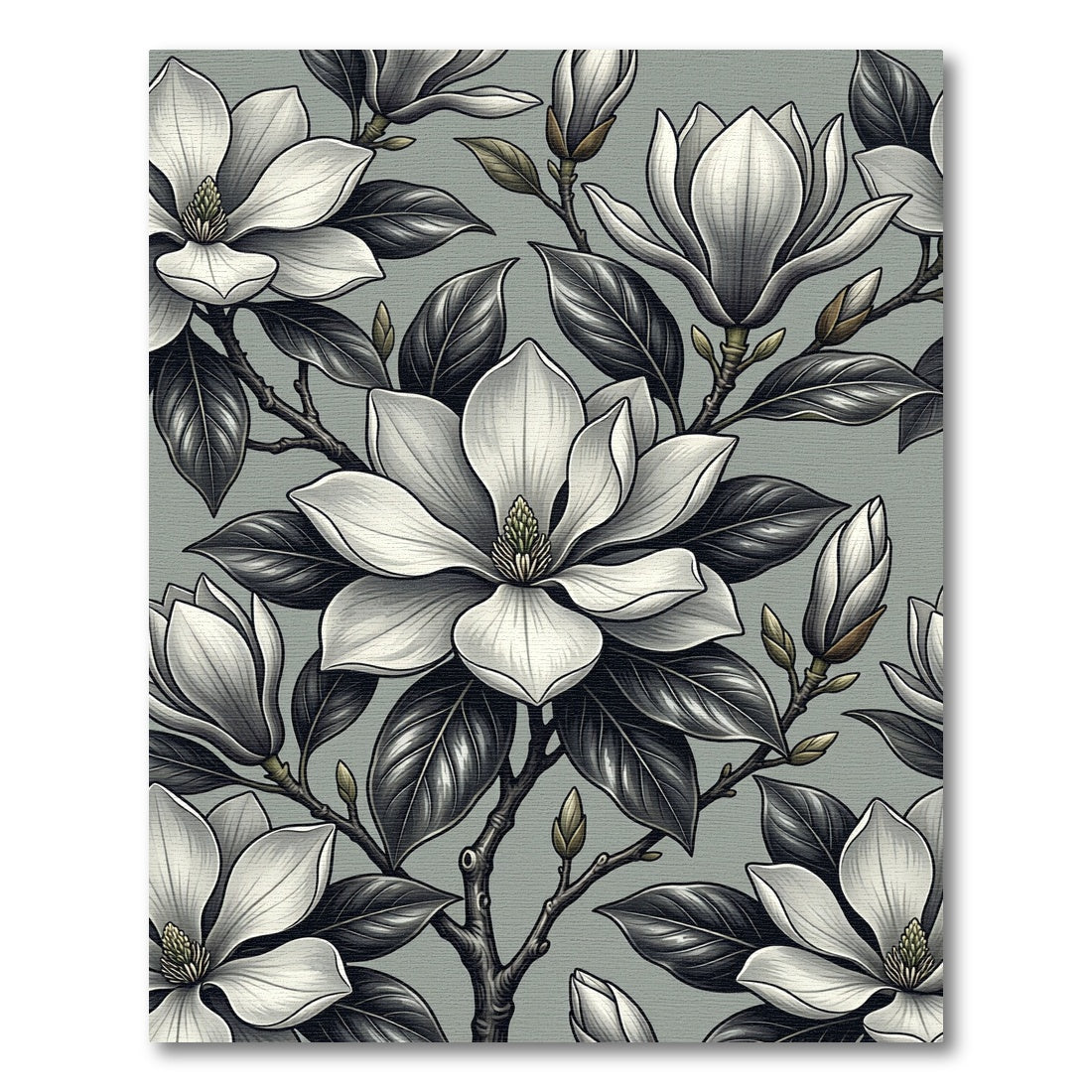 Elegant Monochrome Magnolia Botanical Arrangement Rug