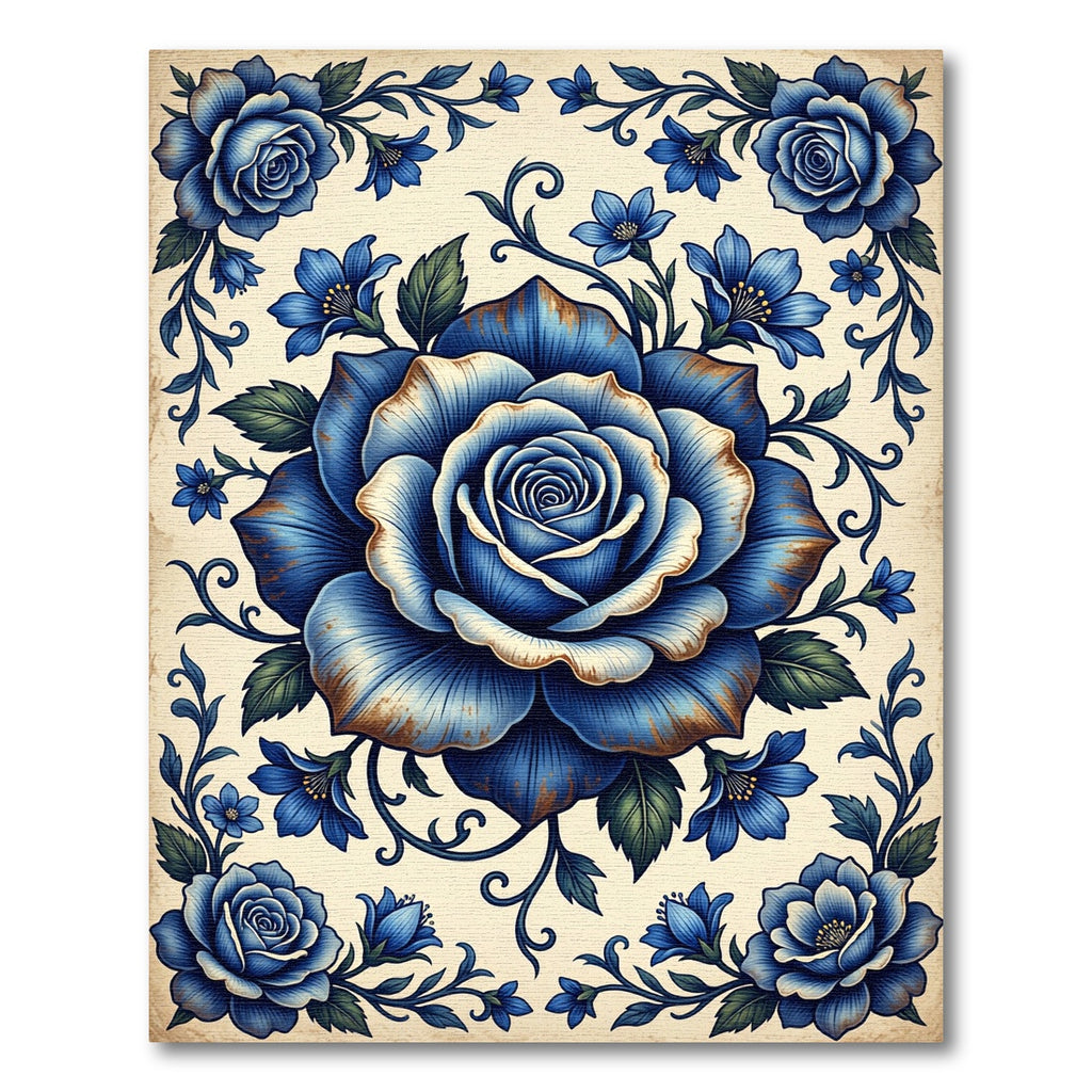 Vintage Navy Rose Floral Medallion Rug