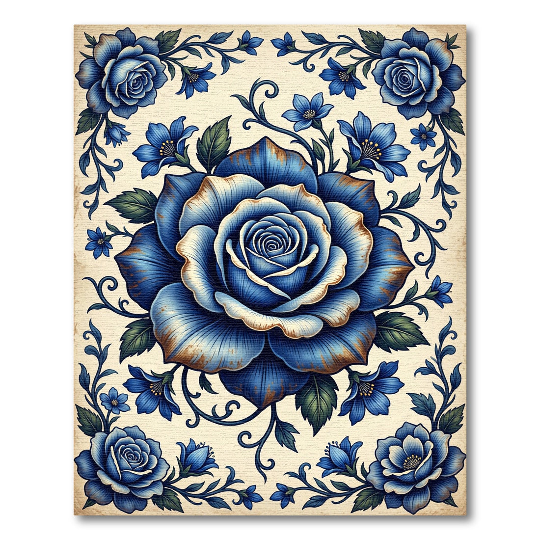 Vintage Navy Rose Floral Medallion Rug