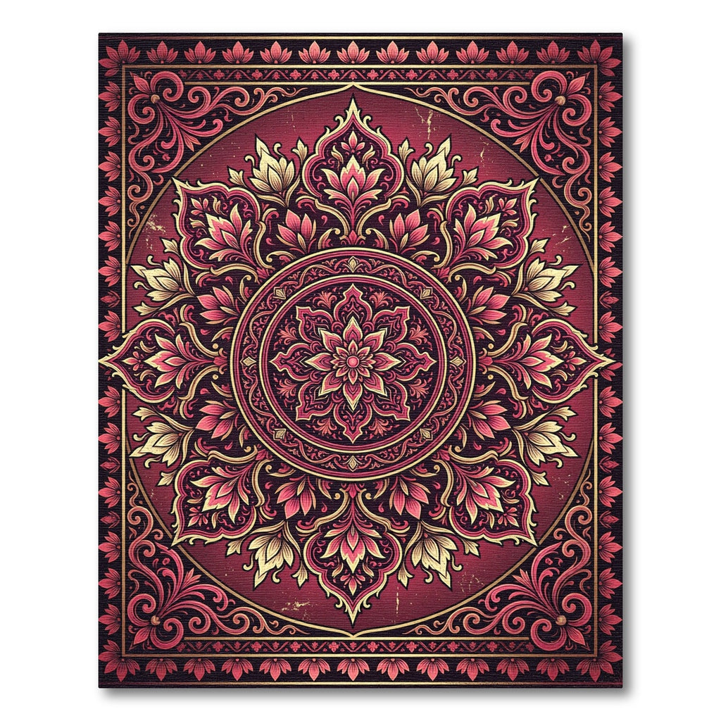Crimson Floral Mandala Circular Ornament Rug