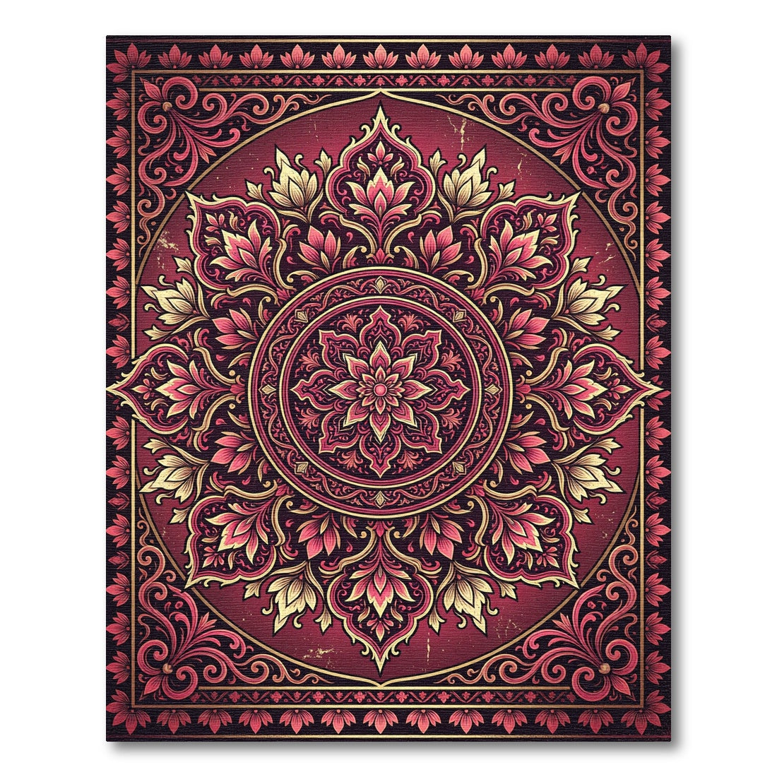 Crimson Floral Mandala Circular Ornament Rug