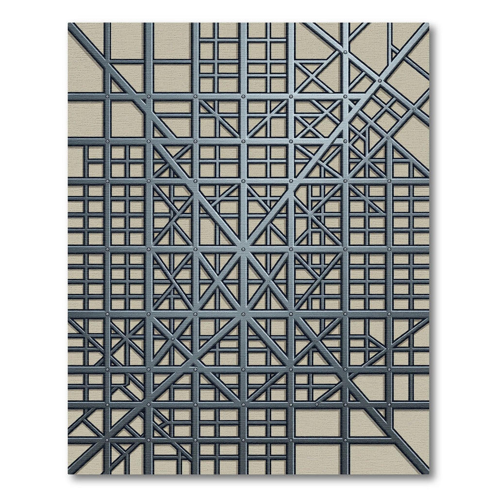 Modern Steel Geometric Grid Rug