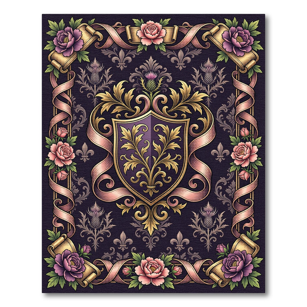 Regal Plum Floral Crest Scroll Emblem Rug
