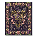 Regal Plum Floral Crest Scroll Emblem Rug