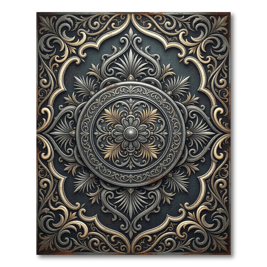 Ornate Silver Gold Damask Medallion Rug