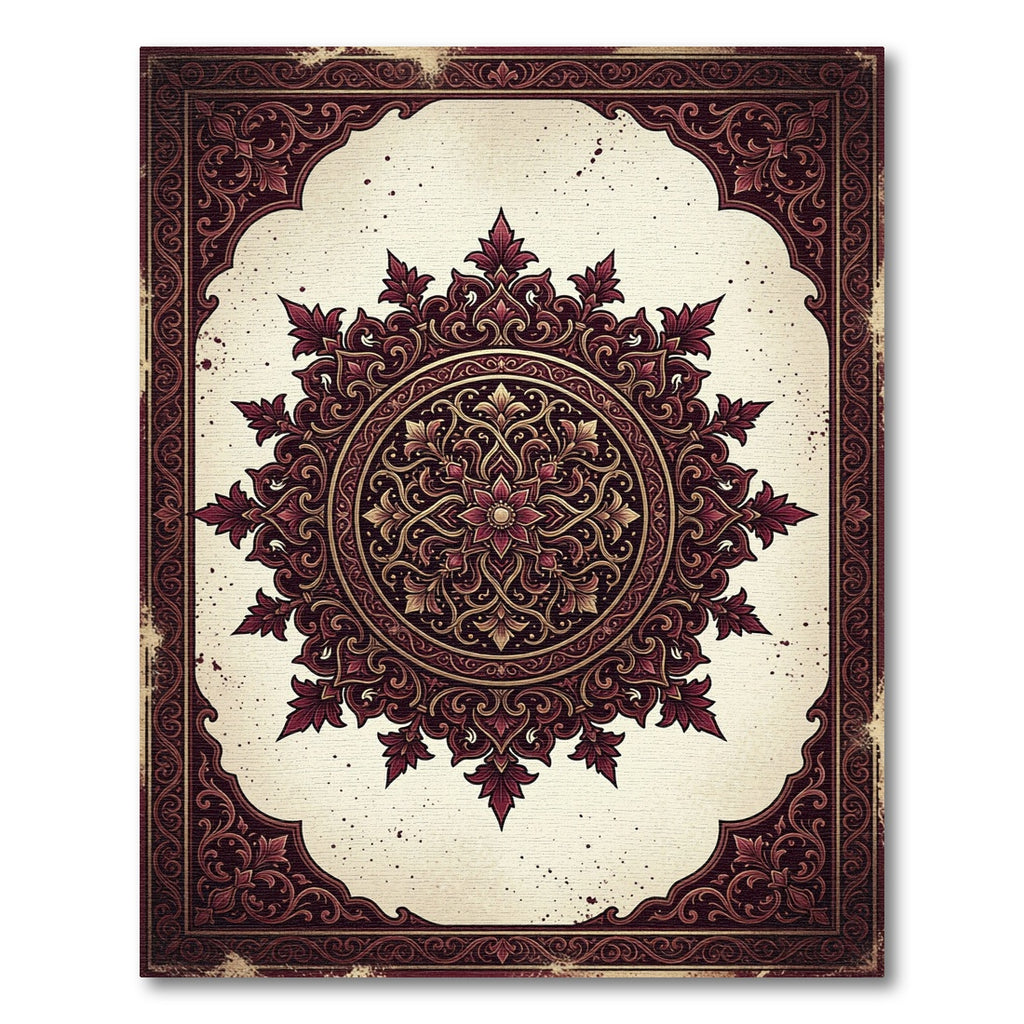 Intricate Burgundy Floral Damask Mandala Rug