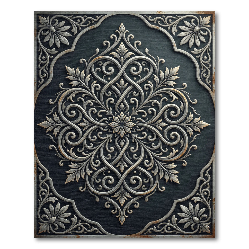 Elegant Slate Gray Ornate Scrollwork Rug