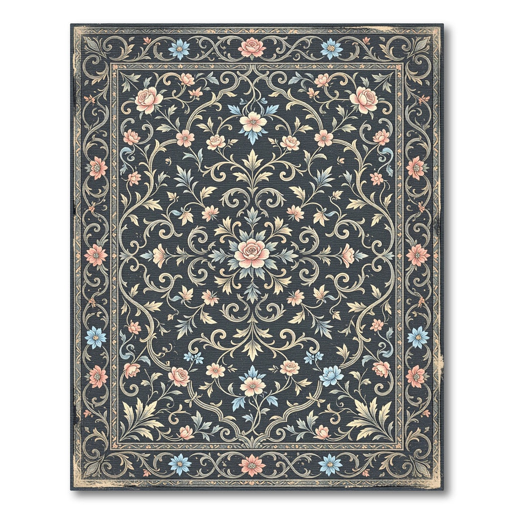 Elegant Floral Scroll Navy Rose Rug