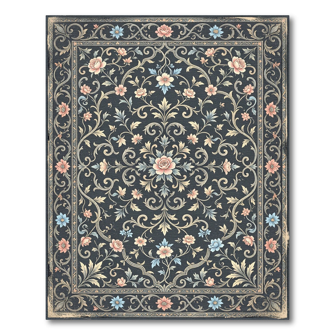 Elegant Floral Scroll Navy Rose Rug