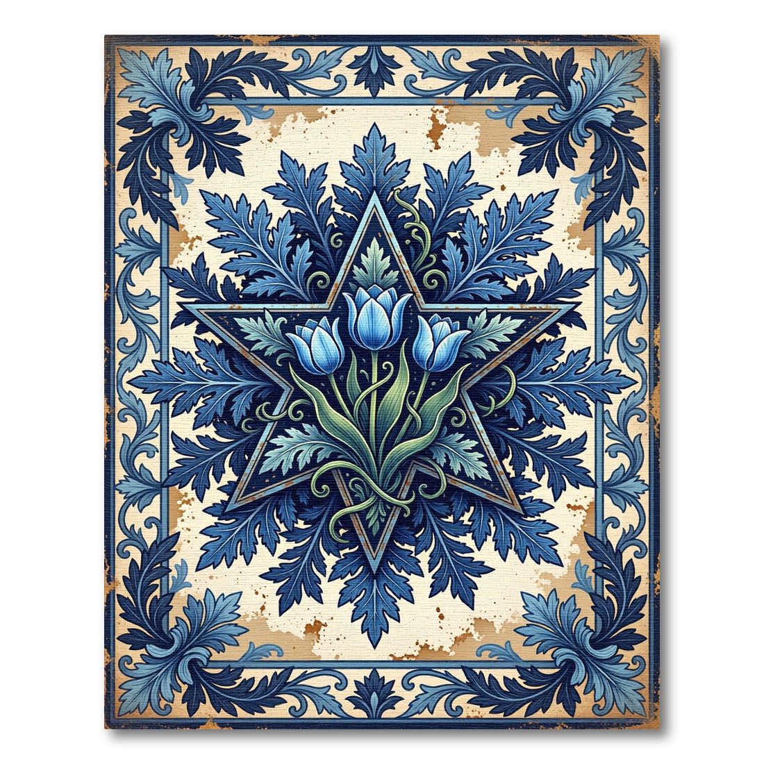 Ornate Blue Tulip Star Scroll Artwork Rug