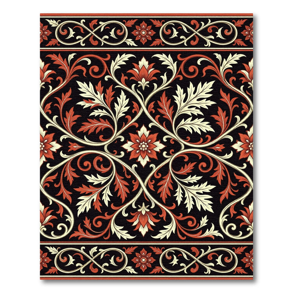 Black Red Floral Scrollwork Ornament Rug
