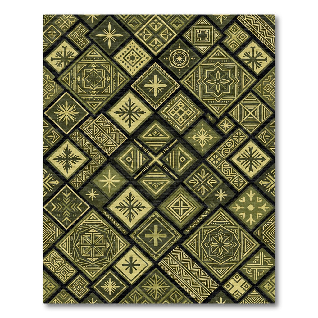 Olive Gold Geometric Tribal Square Tile Rug