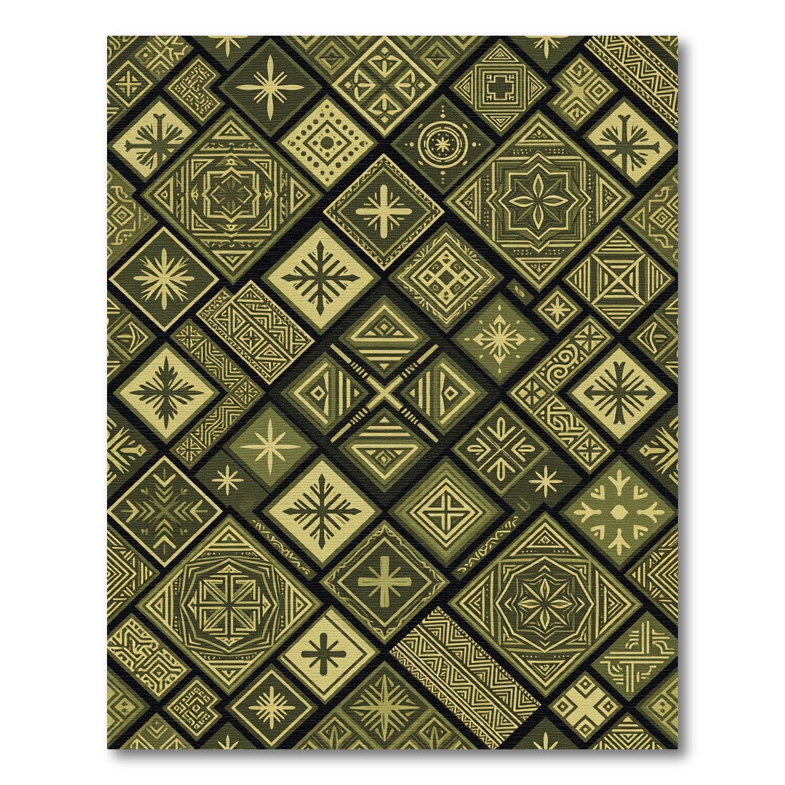 Olive Gold Geometric Tribal Square Tile Rug