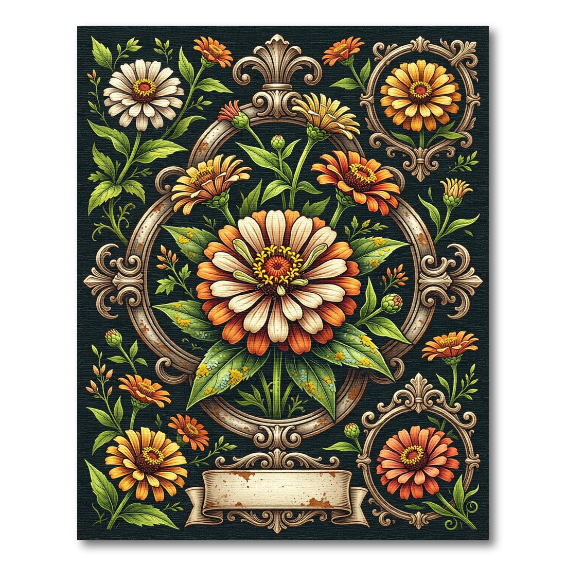 Ornate Floral Gold Zinnia Medallion Rug