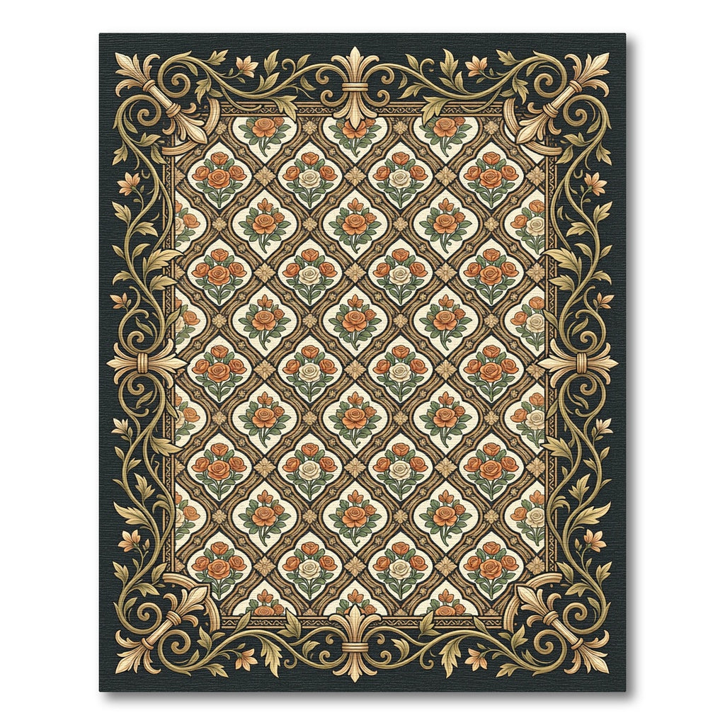 Golden Orange Rose Lattice Border Rug