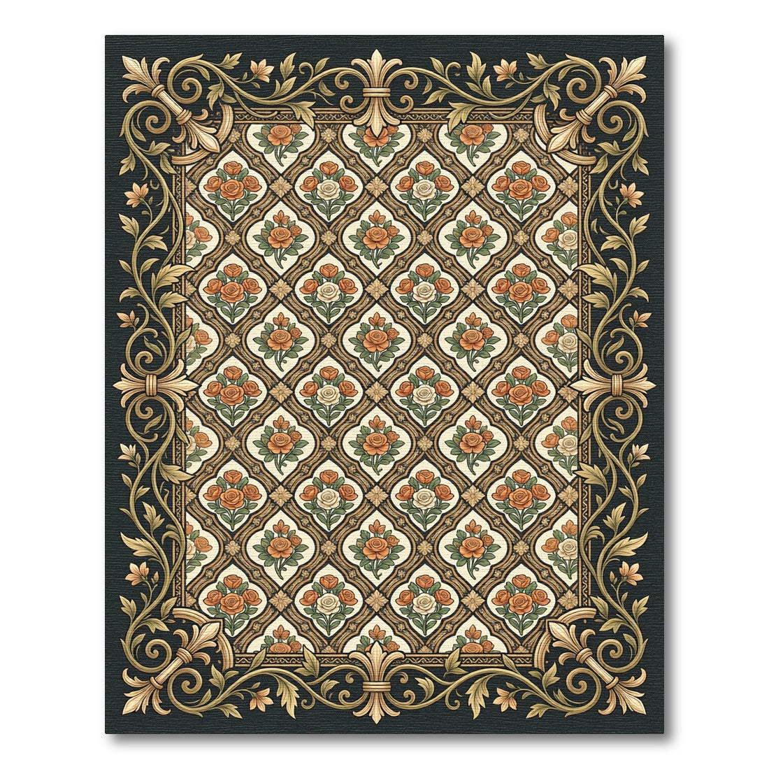 Golden Orange Rose Lattice Border Rug