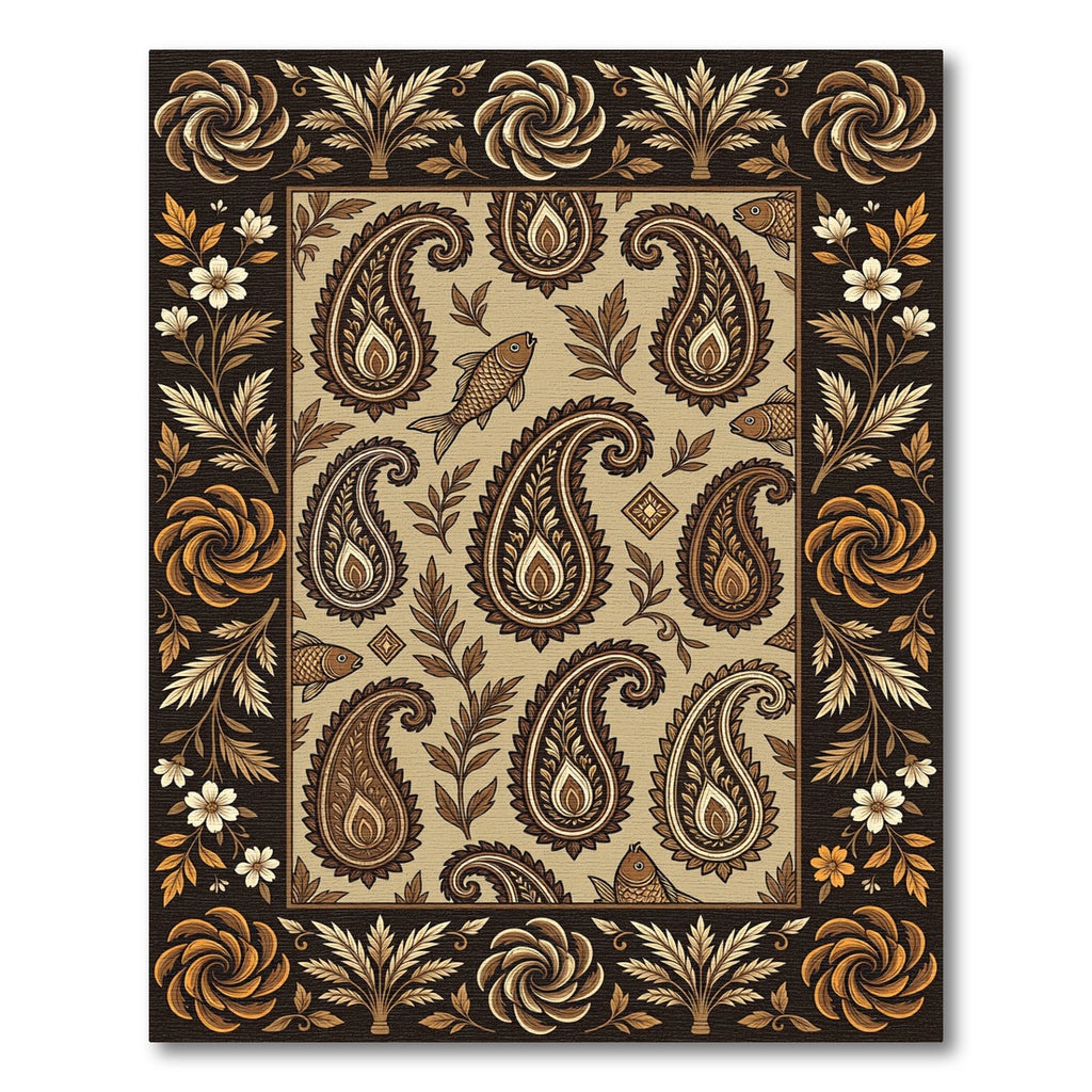 Golden Paisley Fish Ink Illustration Rug