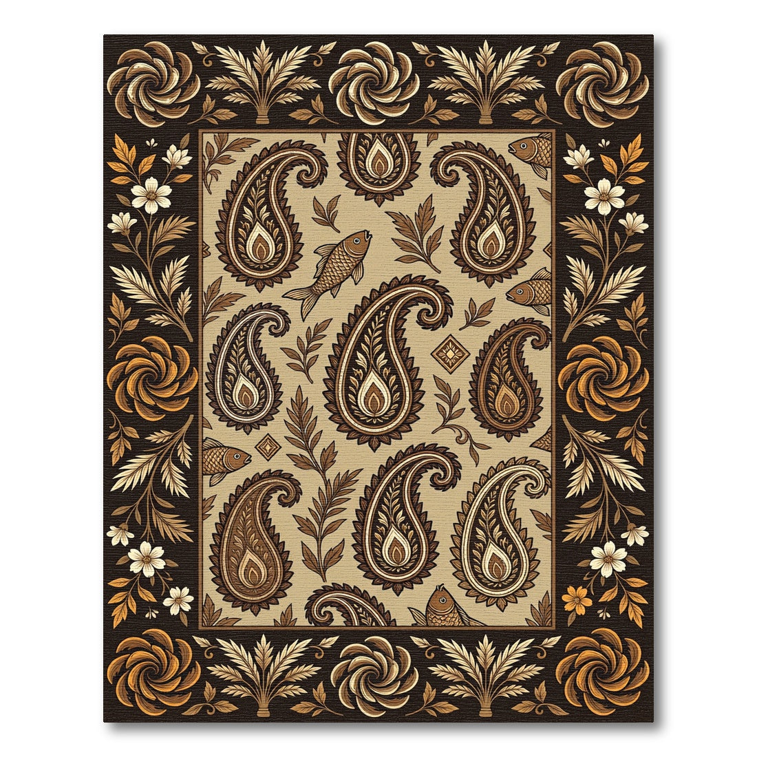 Golden Paisley Fish Ink Illustration Rug