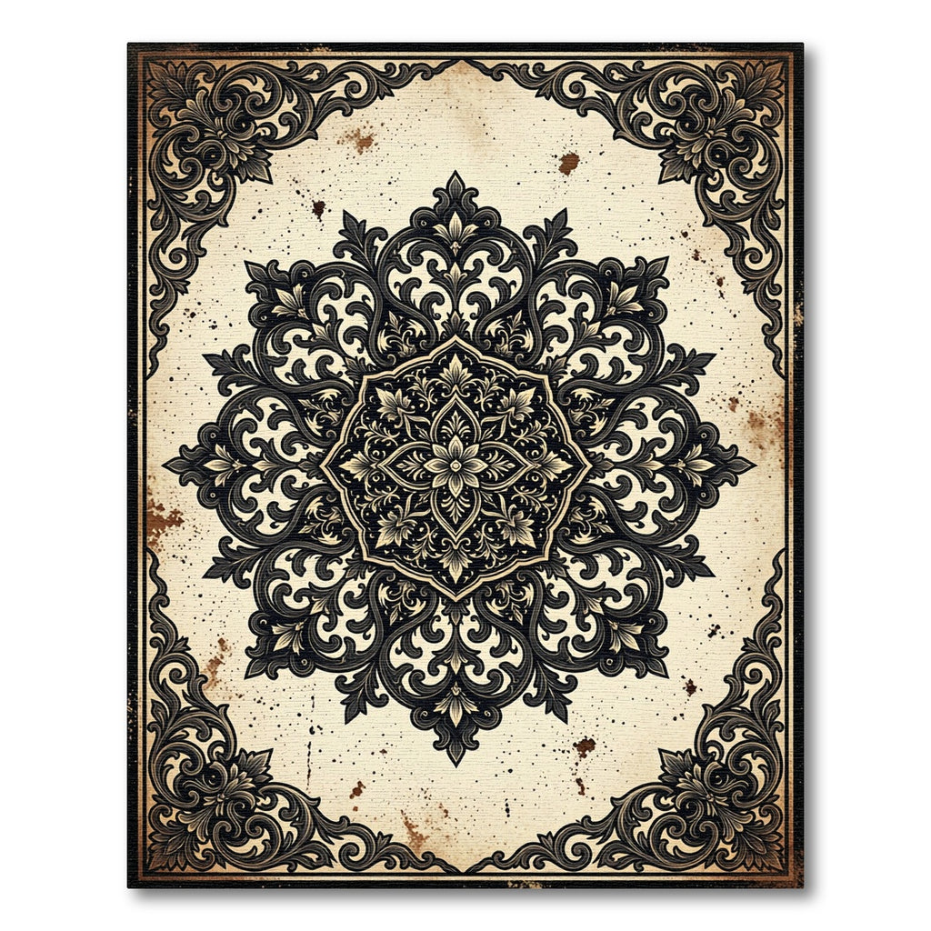 Ornate Black Cream Baroque Medallion Rug