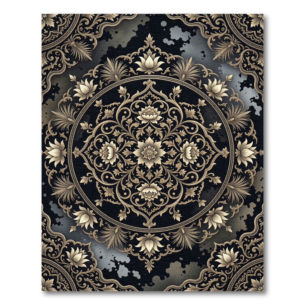 Ornate Golden Floral Medallion Black Rug