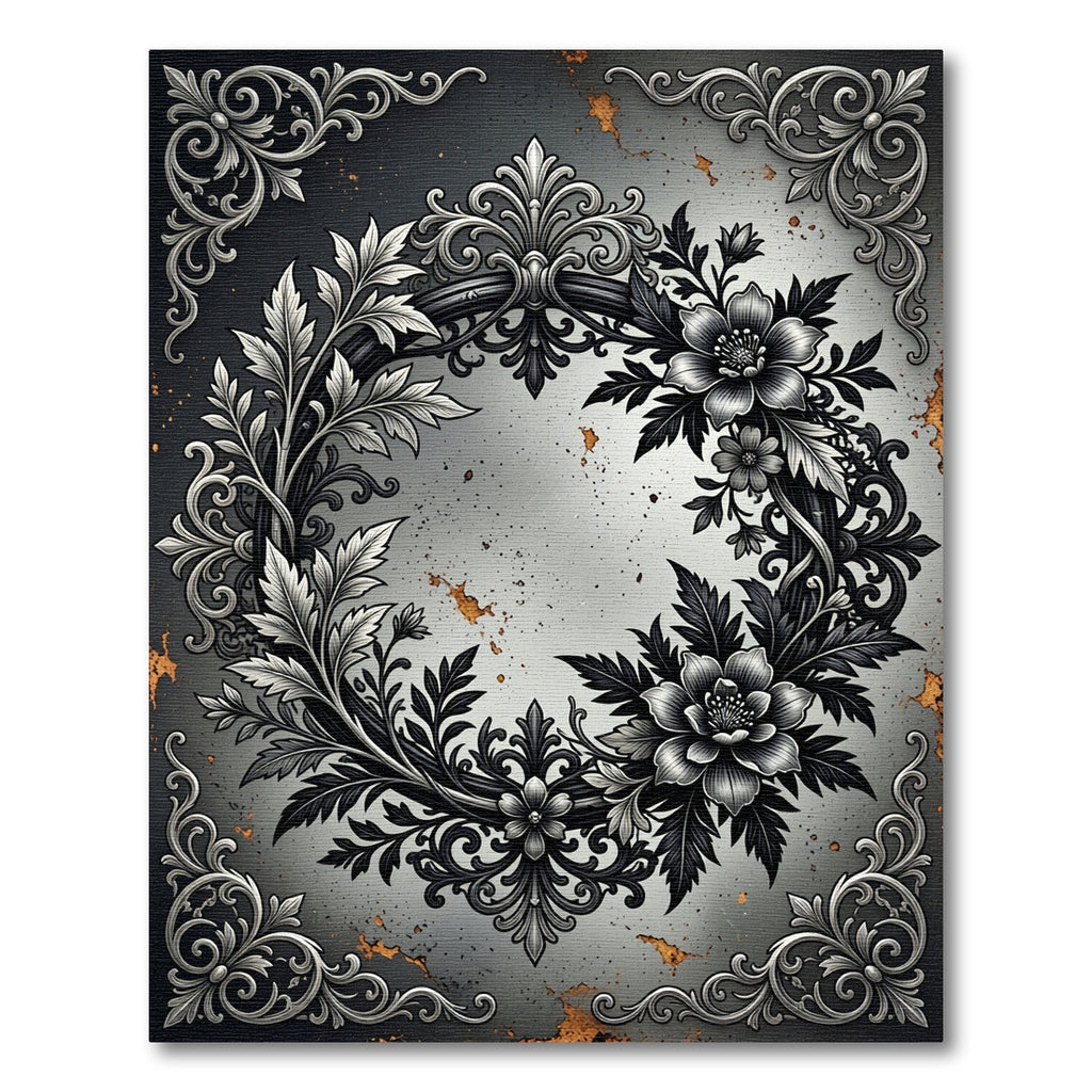 Monochromatic Ornate Baroque Floral Wreath Rug