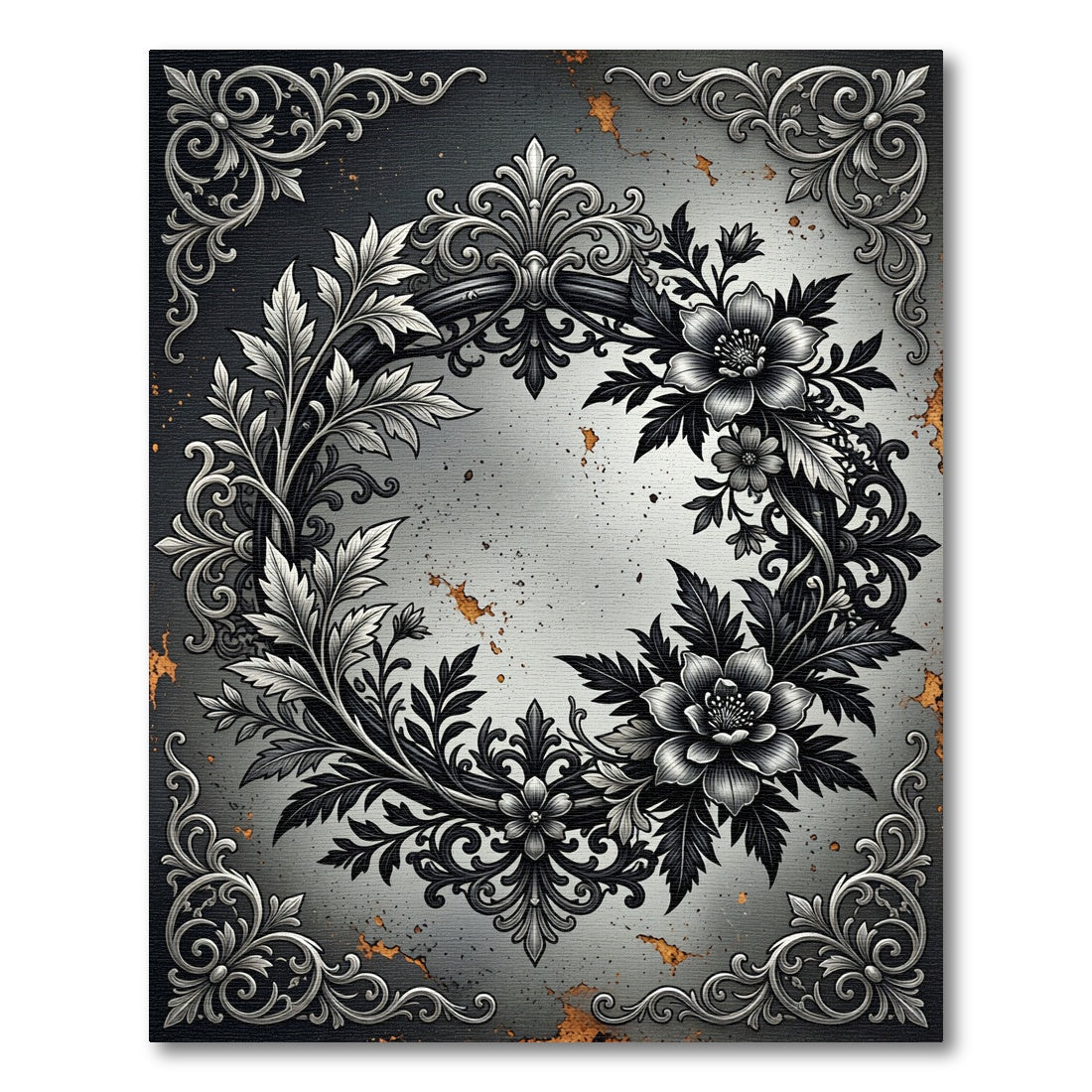 Monochromatic Ornate Baroque Floral Wreath Rug