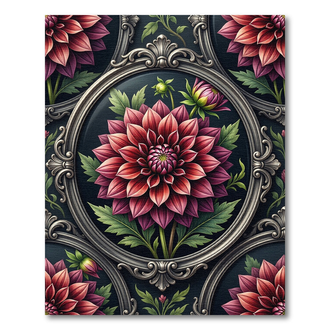 Victorian Crimson Dhalia Ornate Frame Rug