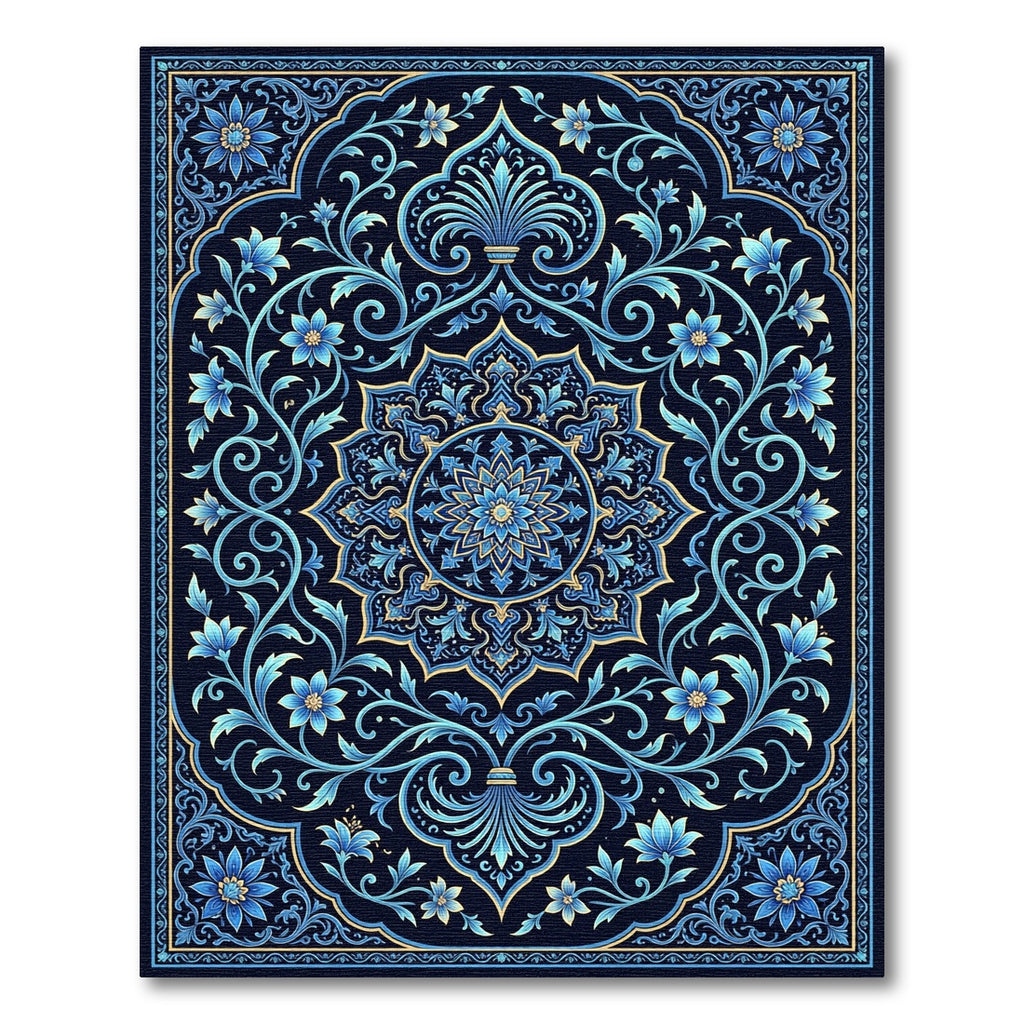 Ornate Sapphire Floral Medallion Scroll Rug