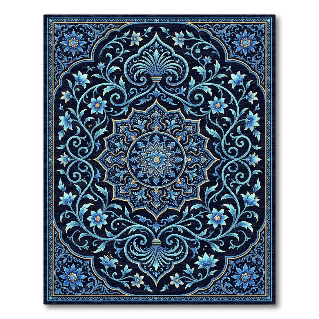 Ornate Sapphire Floral Medallion Scroll Rug