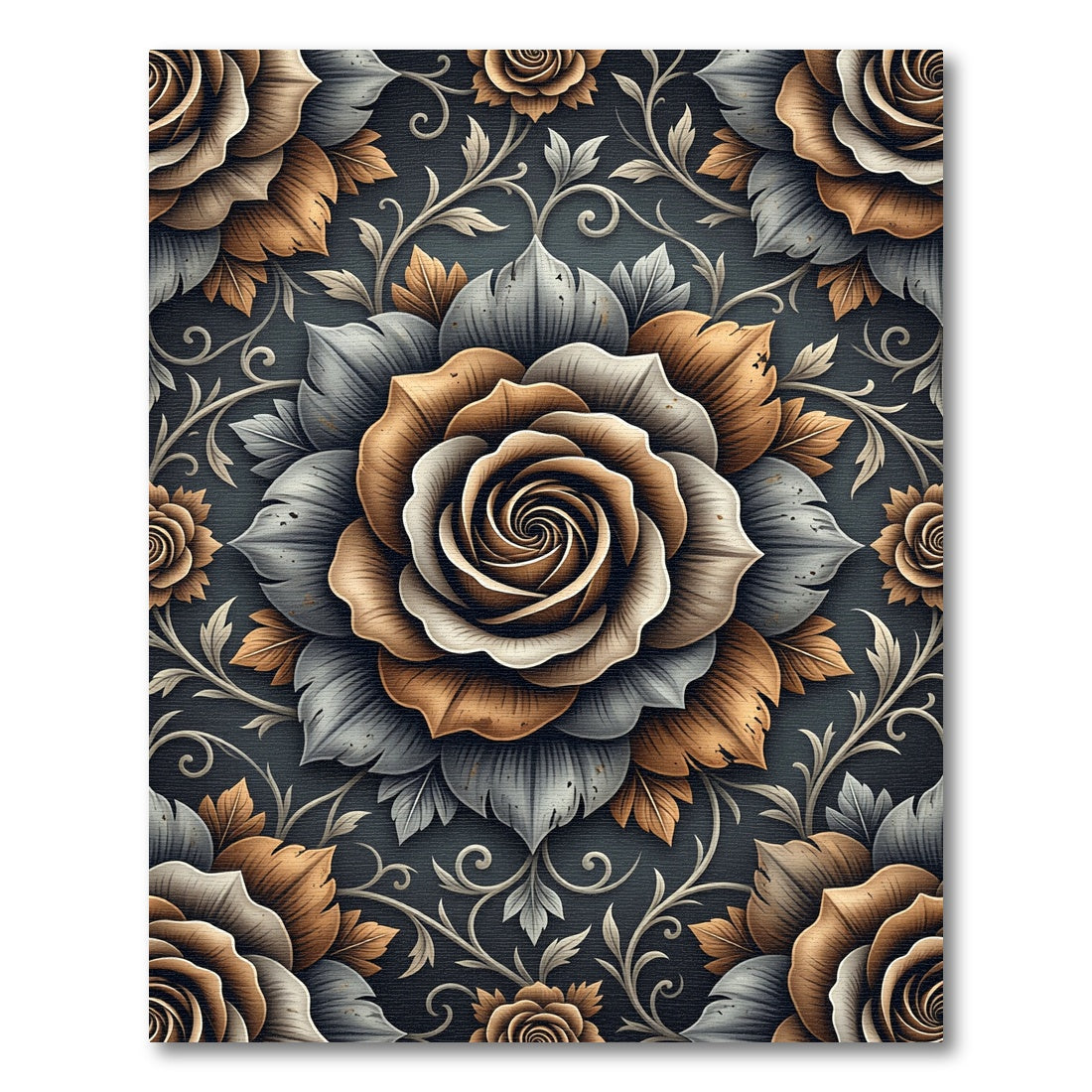 Elegant Bronze and Slate Floral Rose Rug