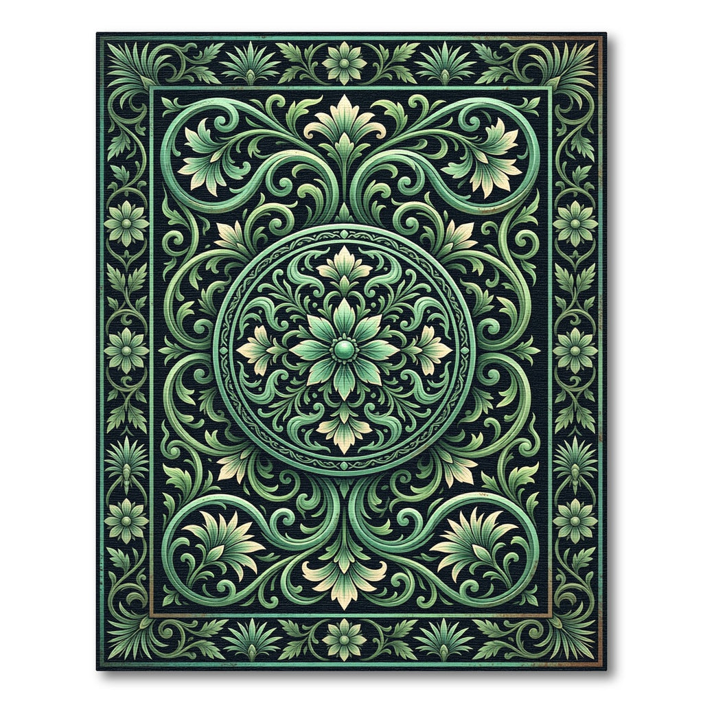 Ornate Green Leaf Scrollwork Rug