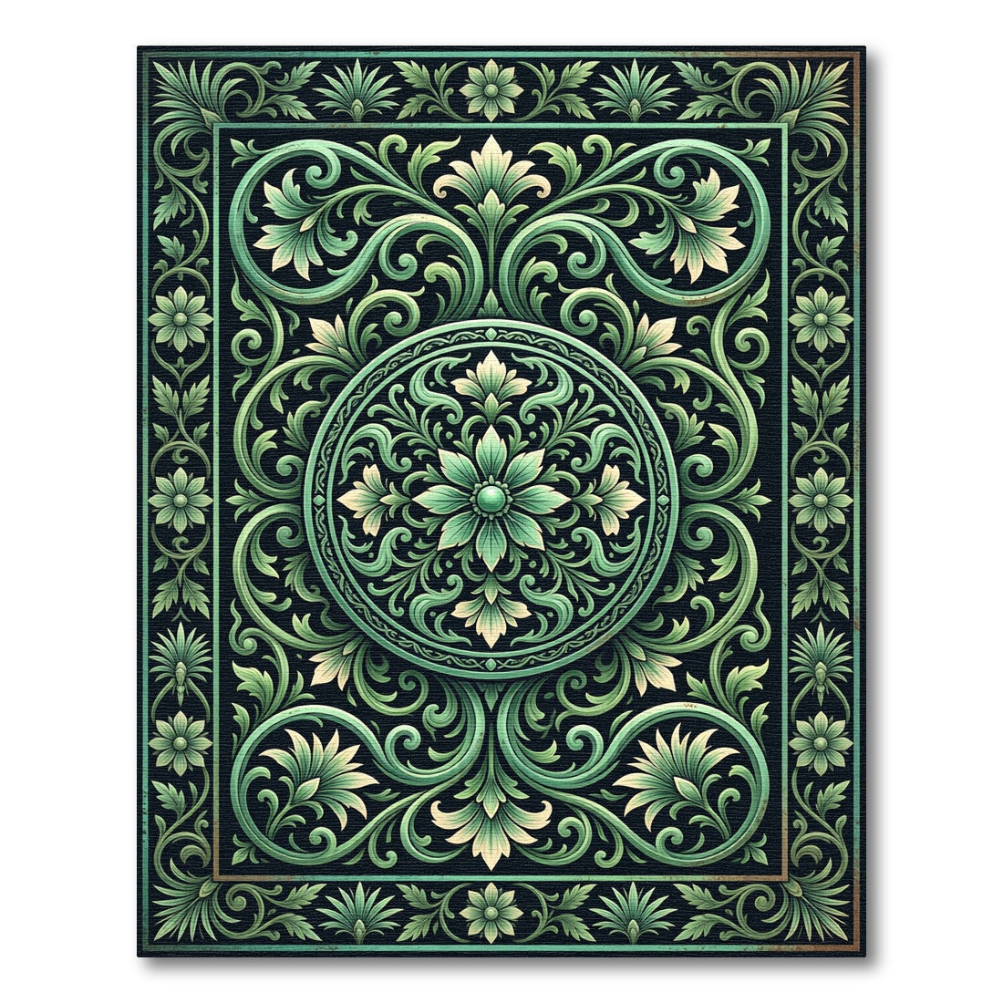 Ornate Green Leaf Scrollwork Rug