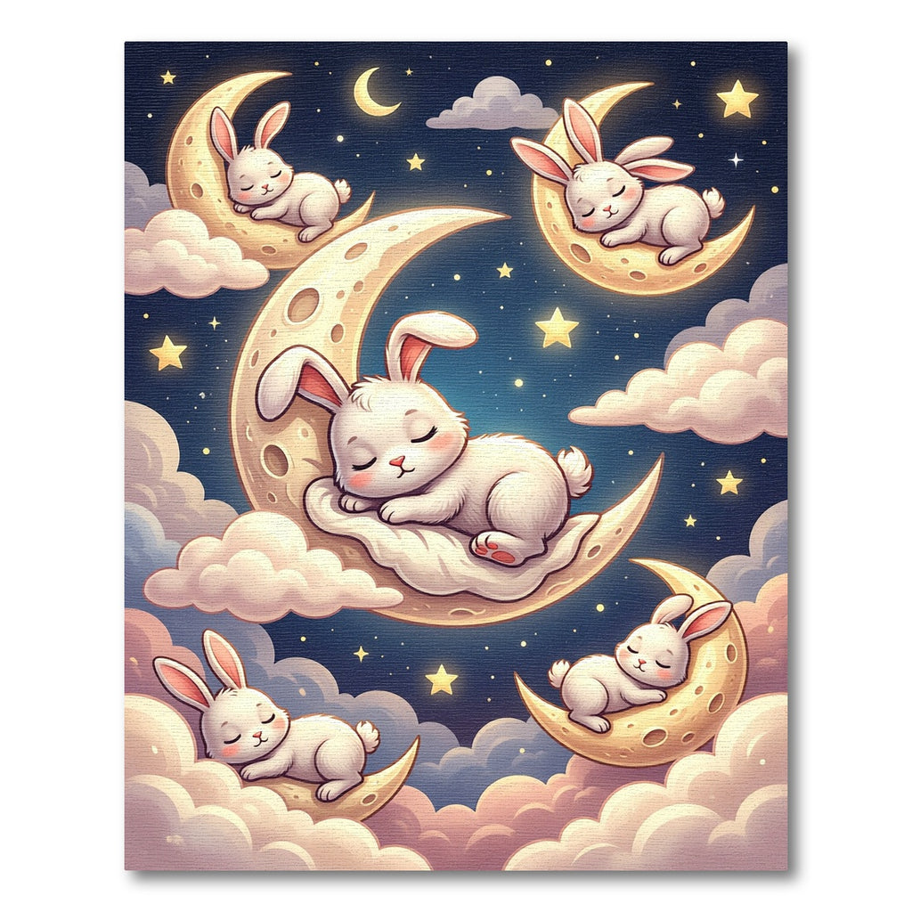 Whimsical Sleepy Bunnies on Golden Moons Rug
