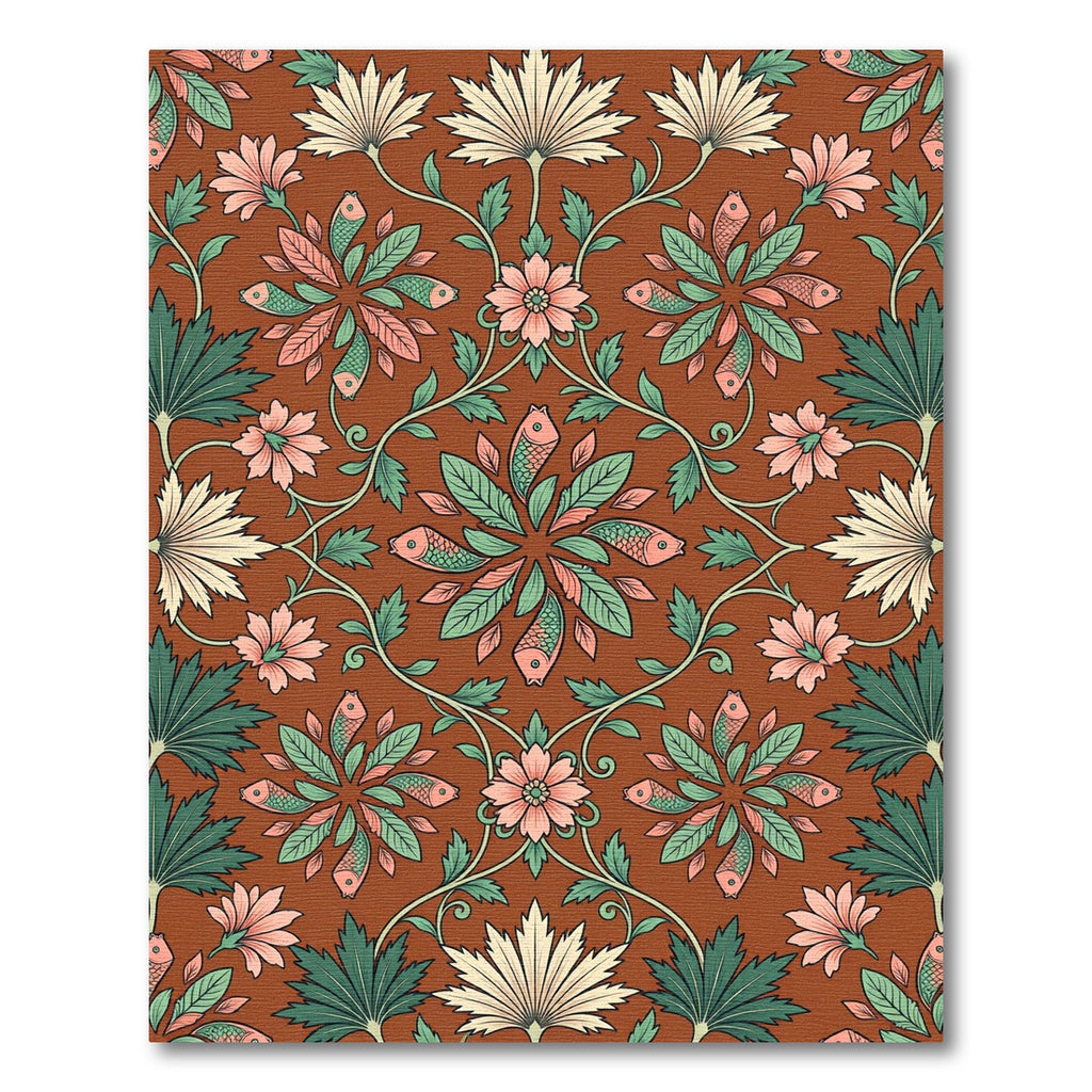Terracotta Fish and Botanical Foliage Medallion Rug