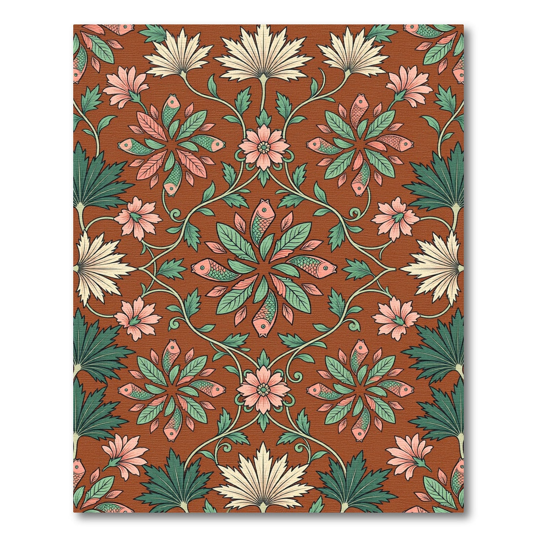 Terracotta Fish and Botanical Foliage Medallion Rug
