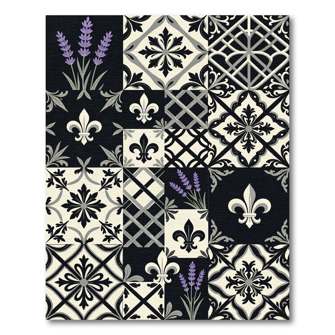 Black White Lavender Fleur De Lis Medallion Rug