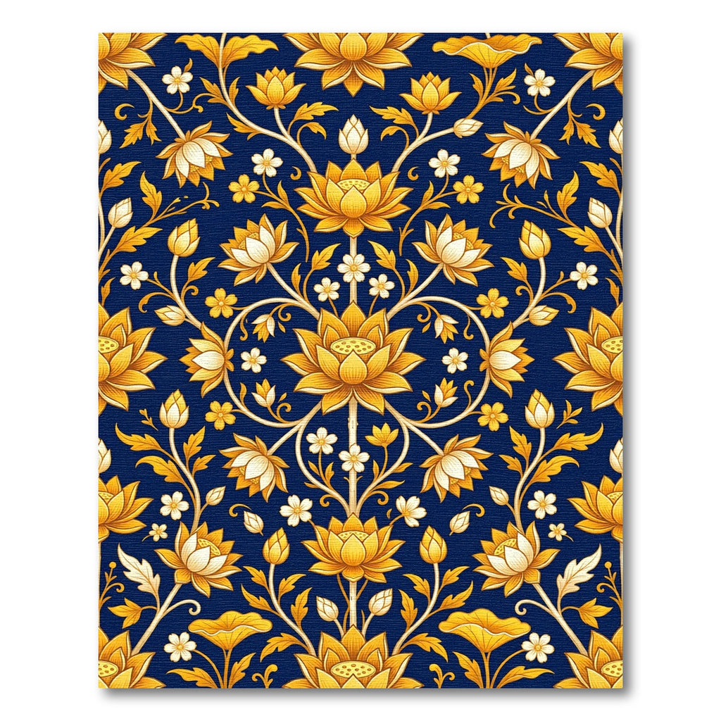 Ornate Gold Lotus Floral Navy Rug