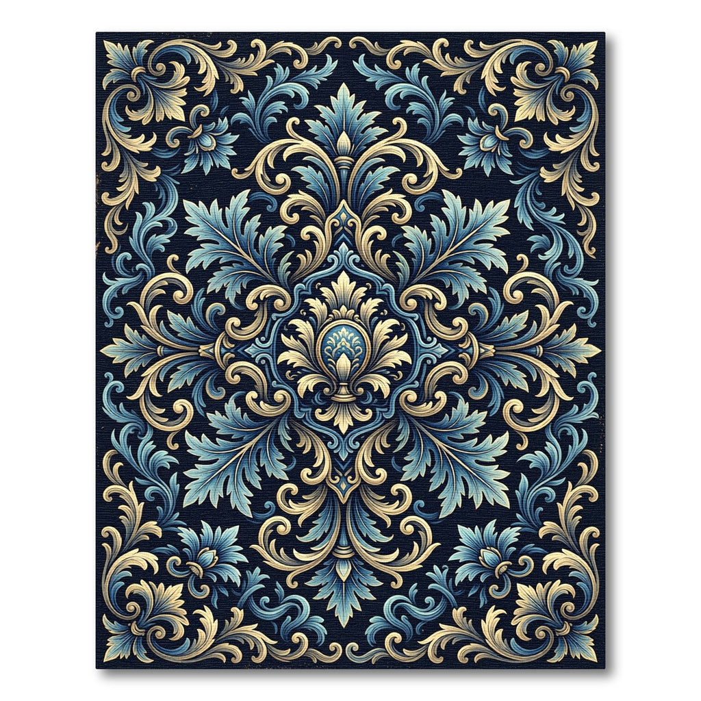 Elegant Blue and Gold Ornate Damask Rug