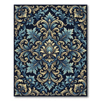 Elegant Blue and Gold Ornate Damask Rug