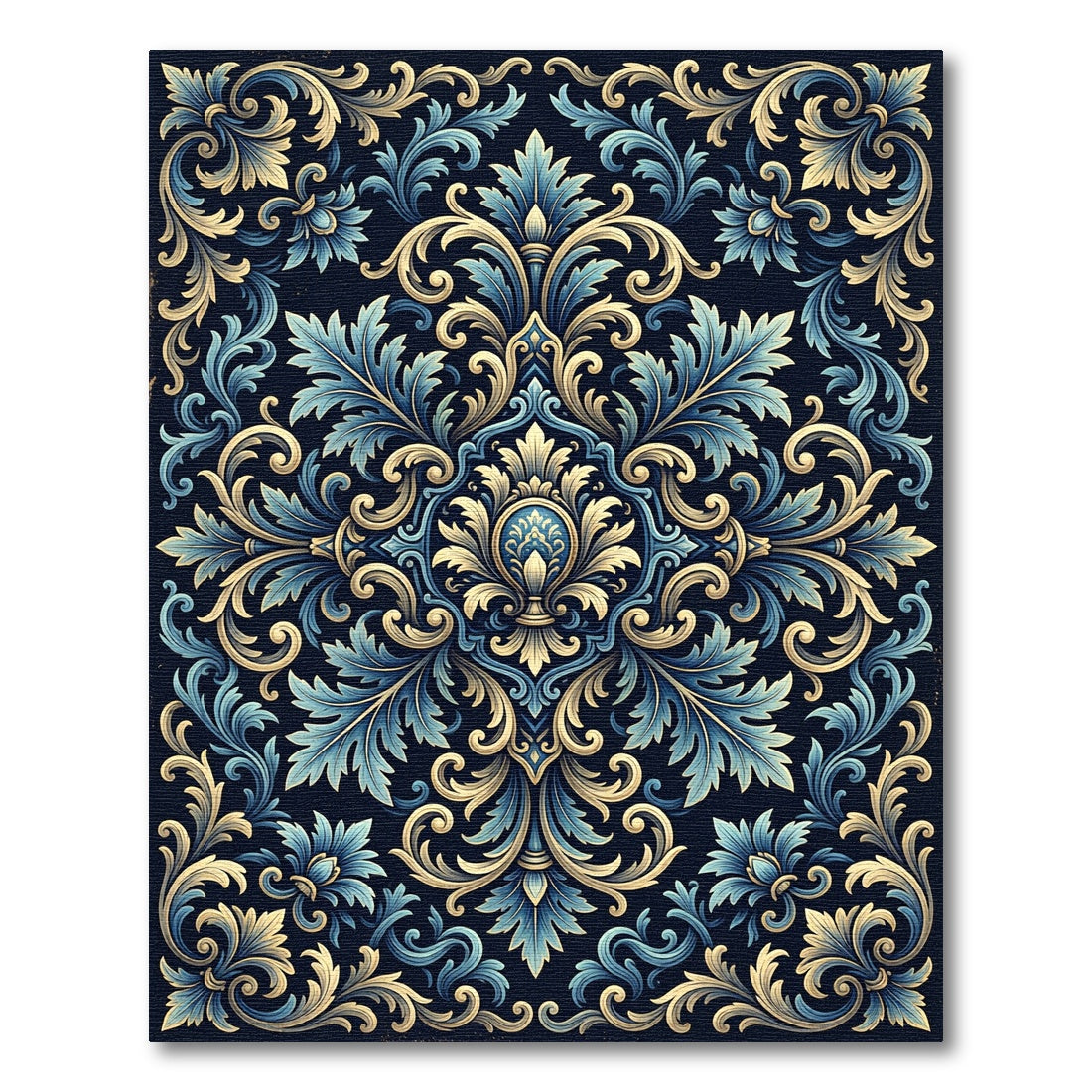 Elegant Blue and Gold Ornate Damask Rug