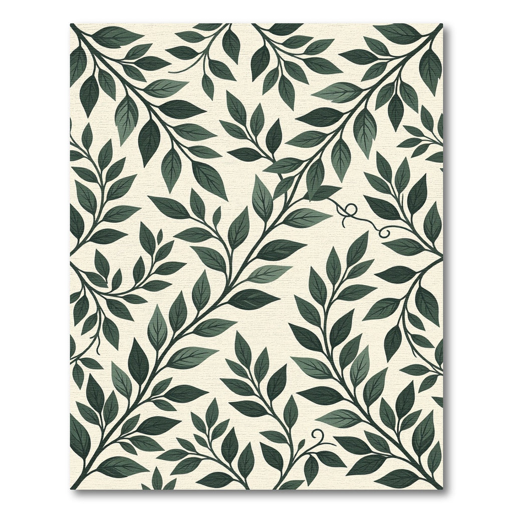 Dark Green Leafy Branches on Cream Rug